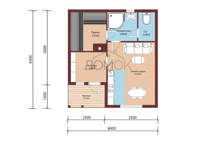 Каркасная баня 6.5х6