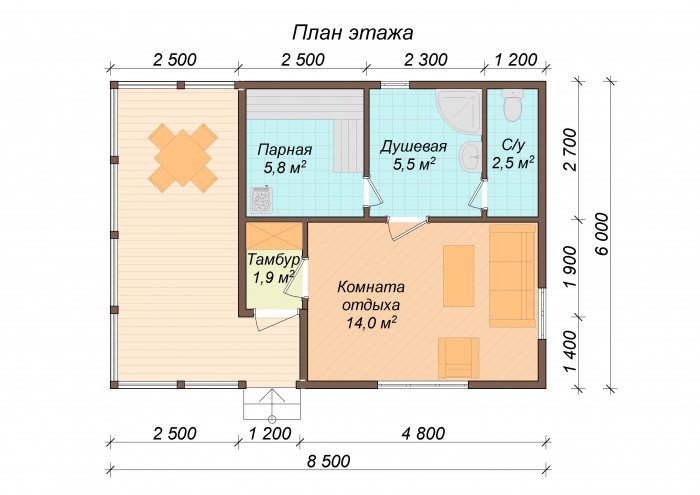 Каркасная баня 6х6 с террасой 